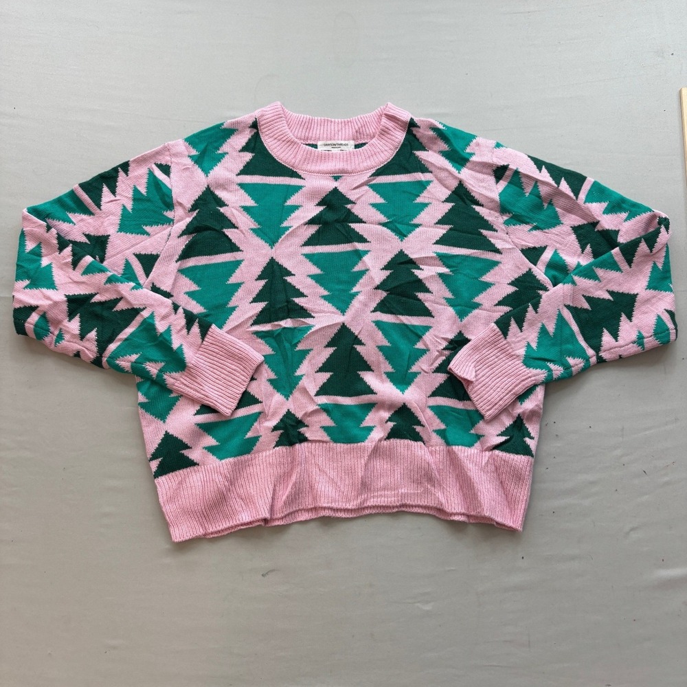 Grayson Threads Pink Green Christmas Tree Knit Sweater Women Large Crewneck